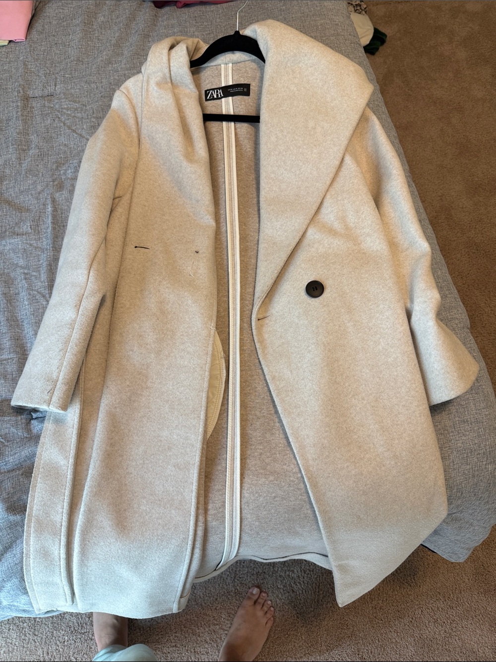 ZARA Cream Hooded Single-Button winter Coat